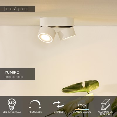 Lucide YUMIKO - Foco de techo - Ø 7,8 cm - LED Regul. - 2x10W 2700K - Blanco
